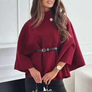 Burgundy Casual Women's Elegant Stand Collar belted Poncho Coat